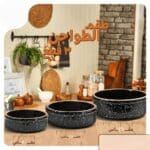 طقم طواجن فخار 3 قطع مطلي جيرانيت اسود منقط 26-23-20 سم